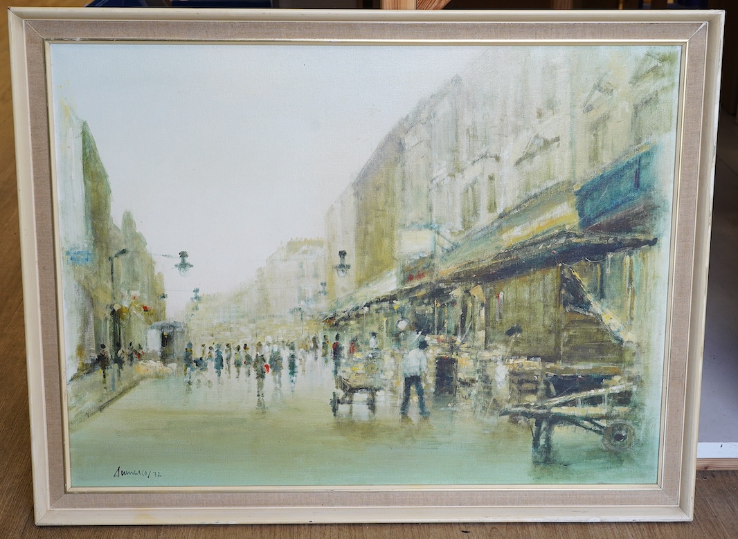 Italian School, oil on canvas, Busy street scene with figures, indistinctly signed and dated '72 lower left, 59 x 80cm. Condition - good
